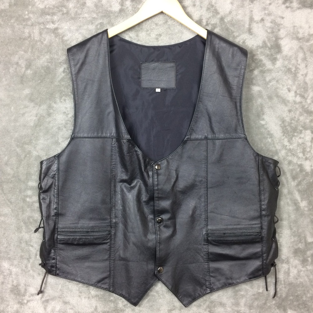 Leather Motorcycle Vest Mens 46 Black Snap Front Closure Lace Up Sides